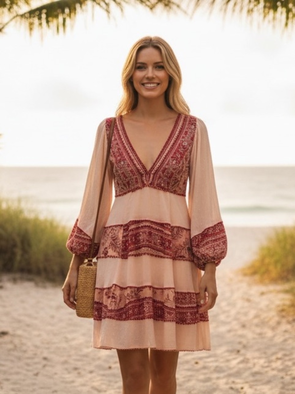 Free People My Love Boho Floral Mini Dress with Long Balloon Sleeves Size XS